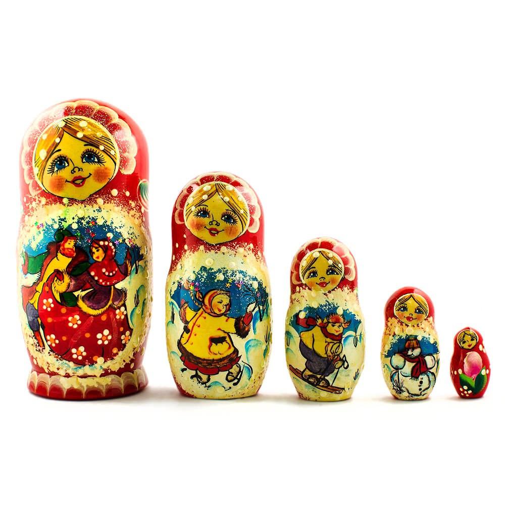 Set Of 5 Dancing Couple In Winter Village Nesting Dolls 6.5 Inches