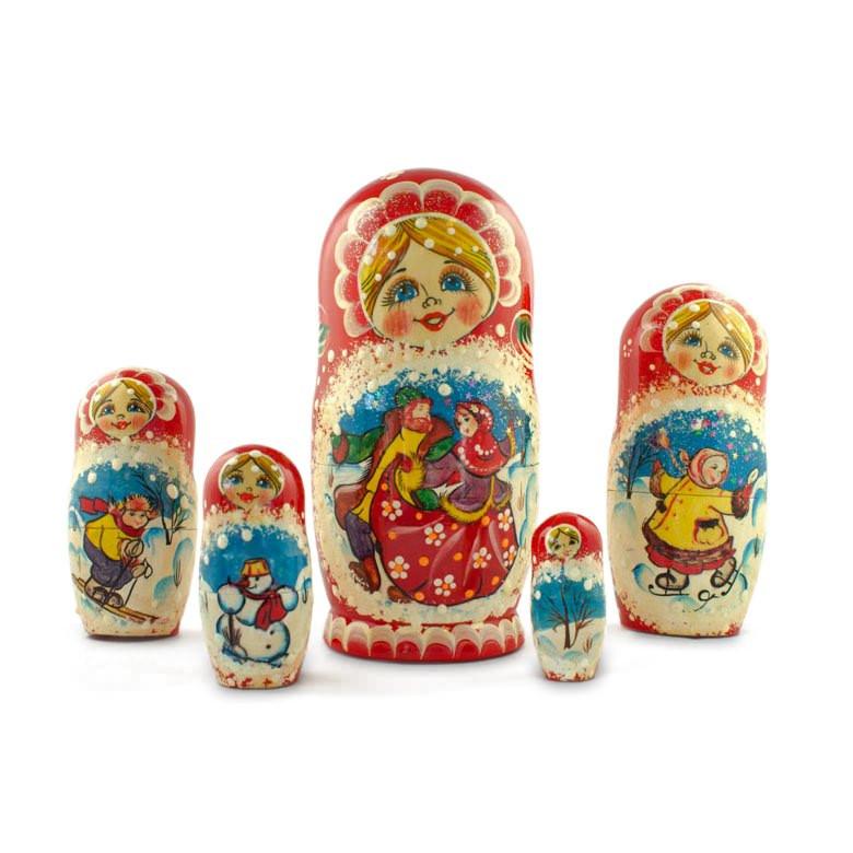 Set Of 5 Dancing Couple In Winter Village Nesting Dolls 6.5 Inches