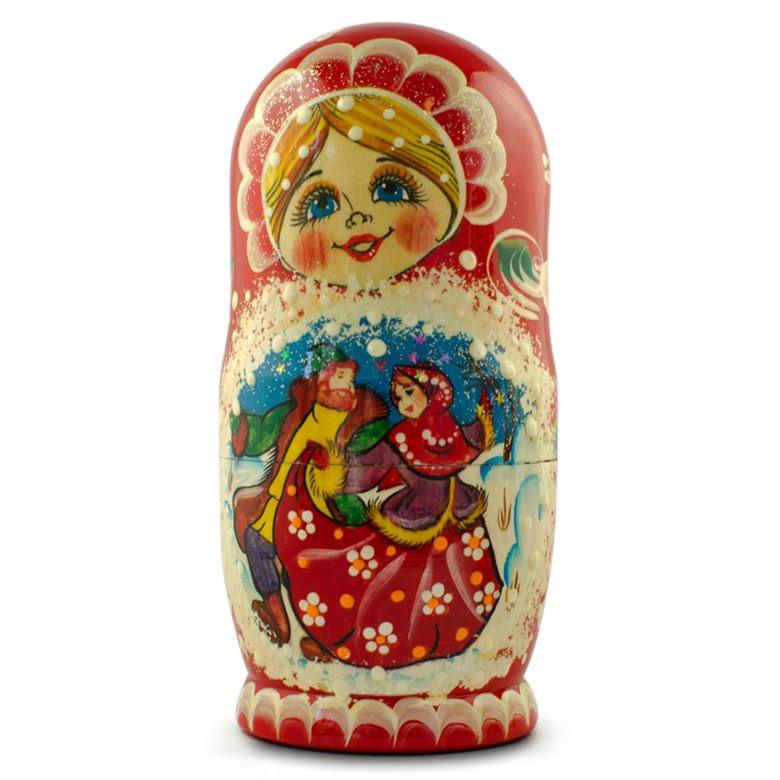 Set Of 5 Dancing Couple In Winter Village Nesting Dolls 6.5 Inches