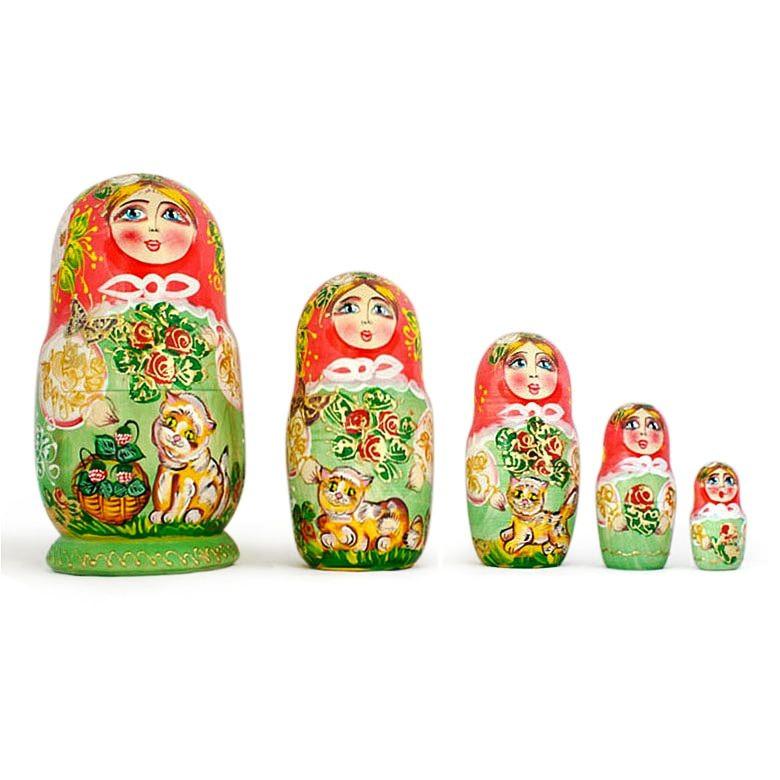 Set Of 5 Girls With Cats Wooden Nesting Dolls 6.5 Inches