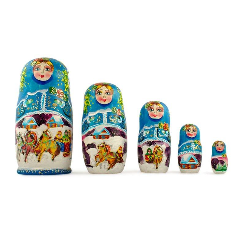 Set Of 5 Winter Ride Wooden  Nesting Dolls 7 Inches