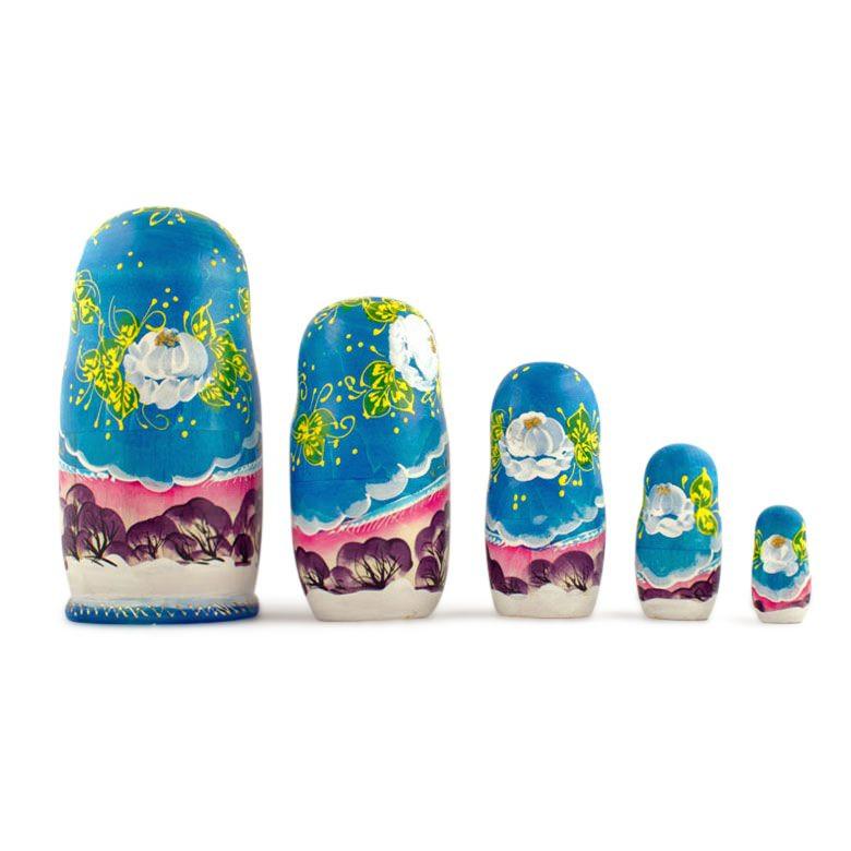 Set Of 5 Winter Ride Wooden  Nesting Dolls 7 Inches