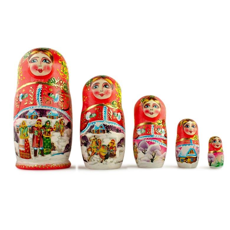 Set Of 5 Winter Night  Wooden Nesting Dolls 6.5 Inches