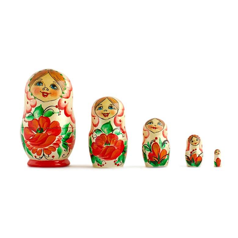 Set Of 5 Red Poppy Flowers Dress Wooden Nesting Dolls 3.5 Inches