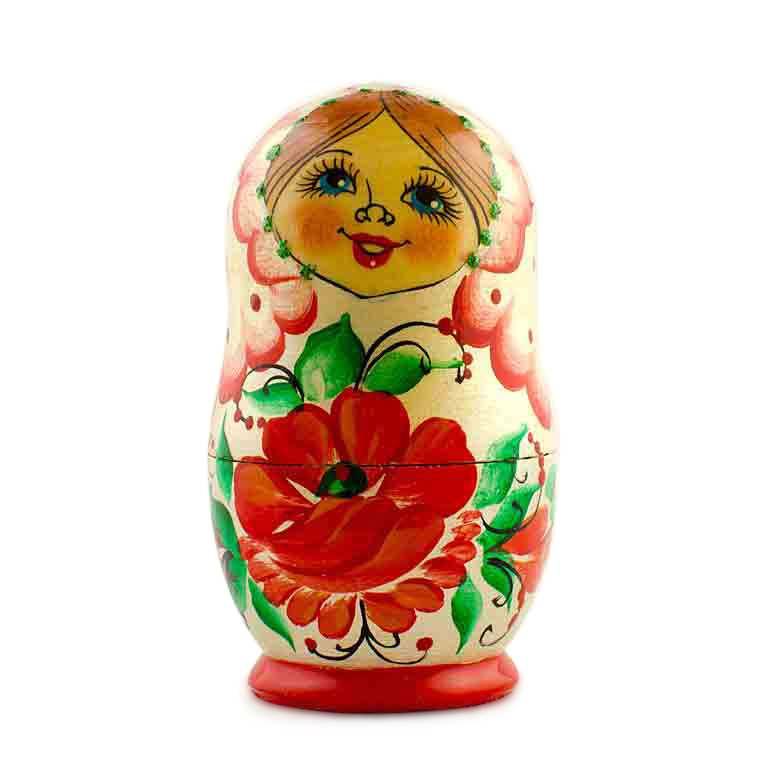 Set Of 5 Red Poppy Flowers Dress Wooden Nesting Dolls 3.5 Inches