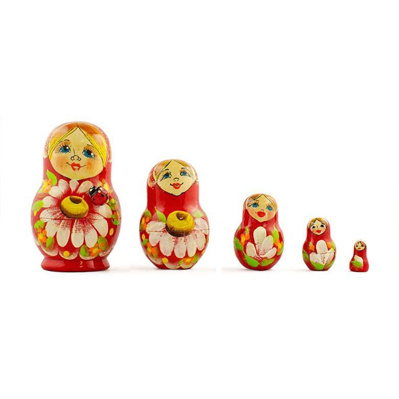 Set Of 5 Daisy Flowers On Red Dress Nesting Dolls 3.5 Inches