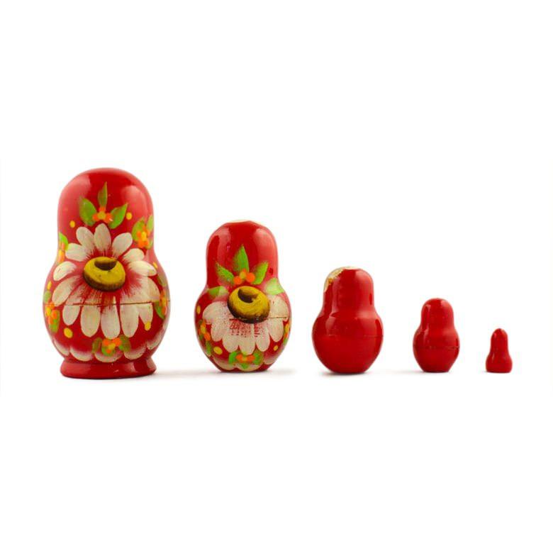 Set Of 5 Daisy Flowers On Red Dress Nesting Dolls 3.5 Inches