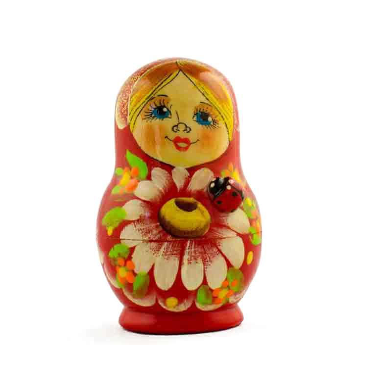 Set Of 5 Daisy Flowers On Red Dress Nesting Dolls 3.5 Inches