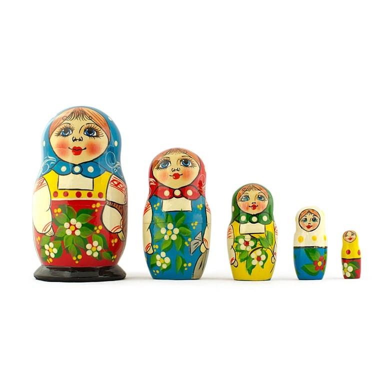 Set Of 5 Folk Girls Wooden Nesting Dolls 5.5 Inches