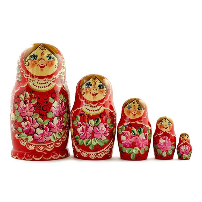 Set Of Girls In Red Dress Wooden Nesting Dolls 7 Inches