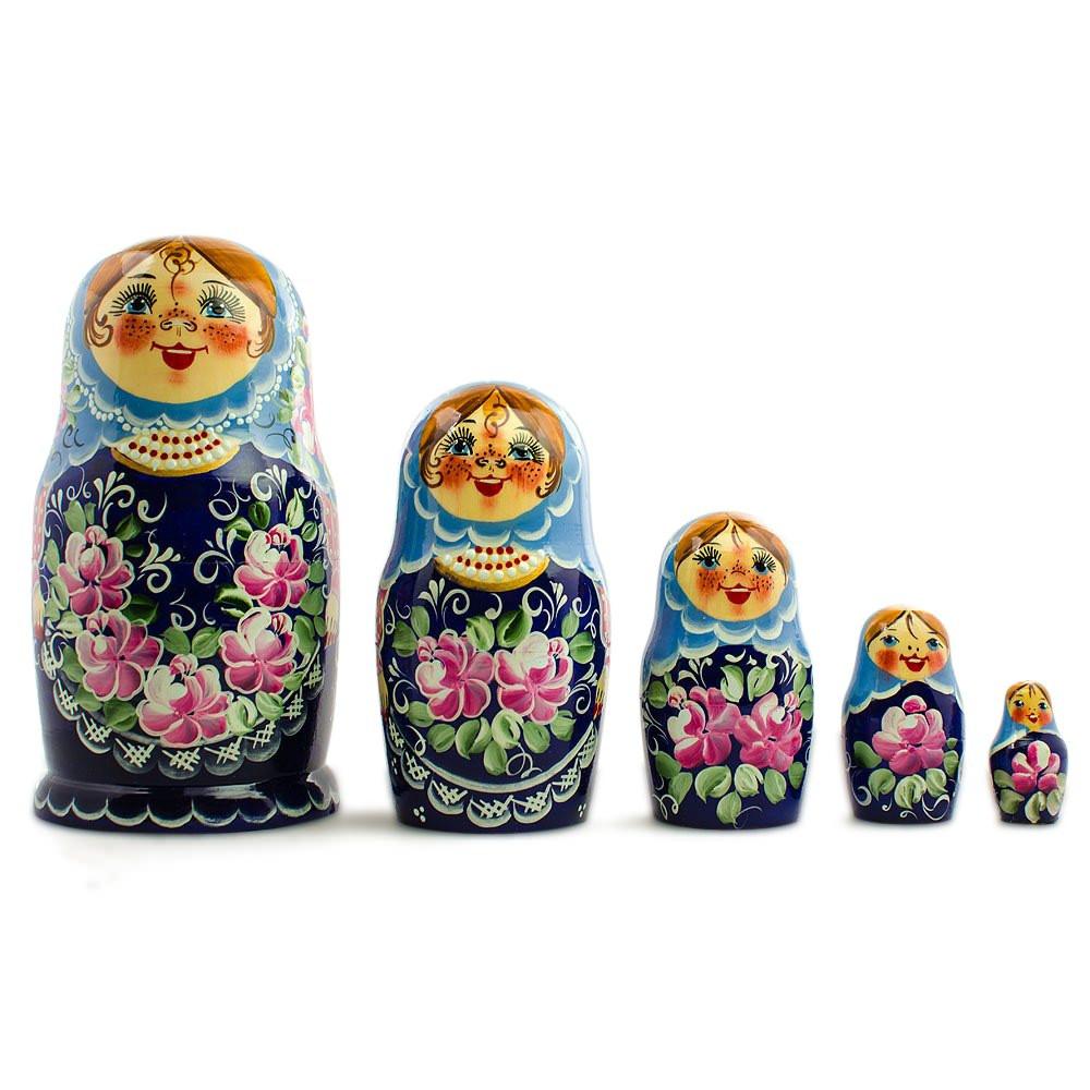 Set Of 5 Blue Floral Dress Girls Wooden Nesting Dolls 7 Inches