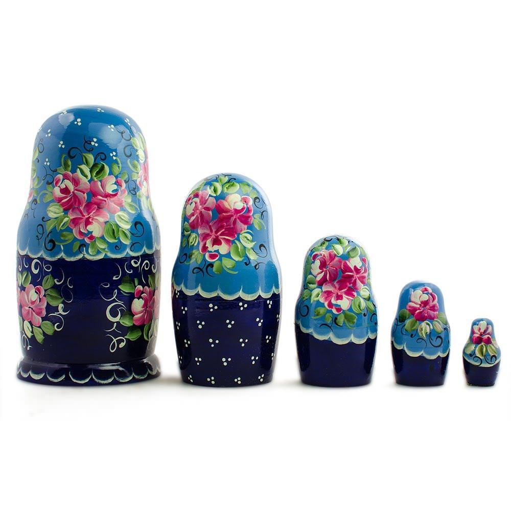 Set Of 5 Blue Floral Dress Girls Wooden Nesting Dolls 7 Inches