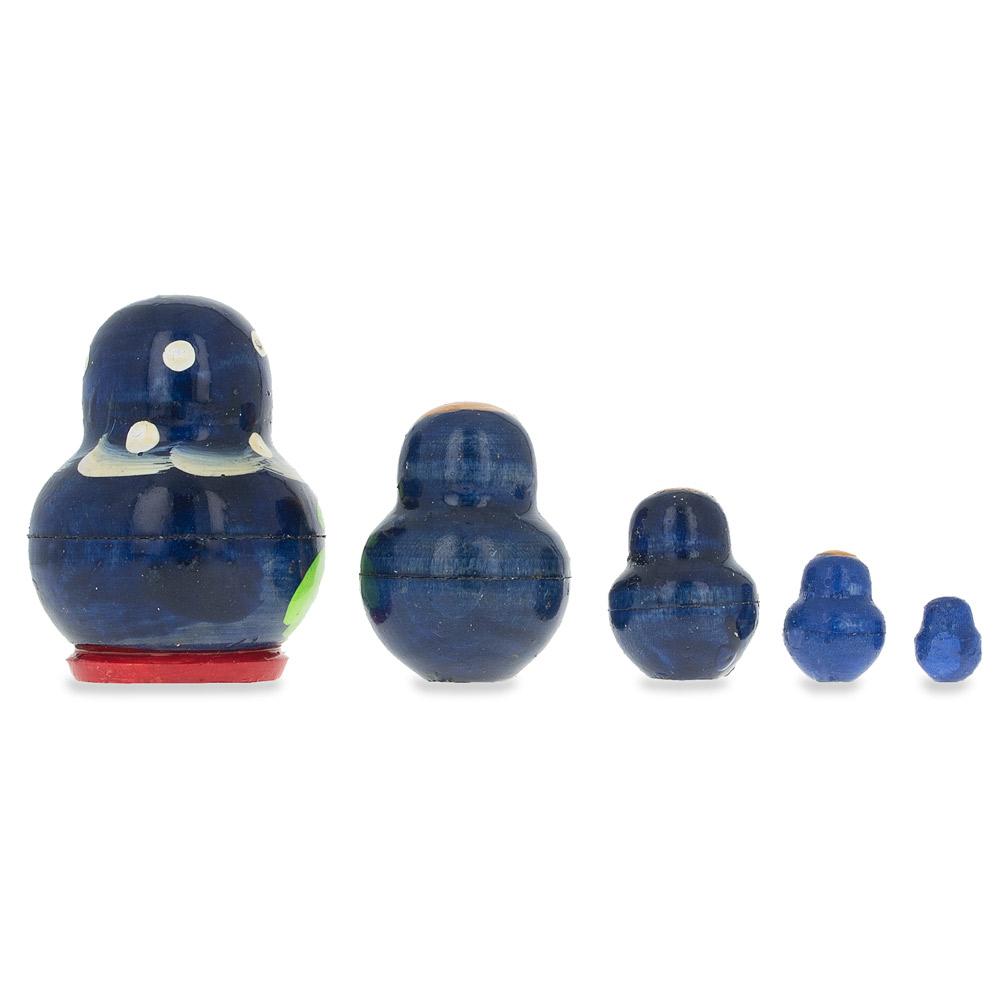 5 Miniature Strawberry Blue Dress Nesting Dolls 1.75 Inches