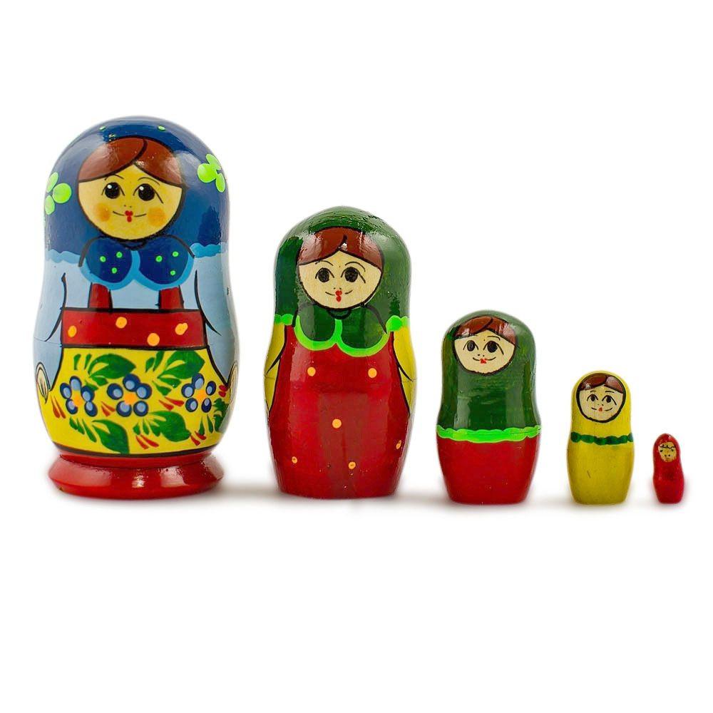 Set Of 5 Babushka In Blue Scarf Nesting Dolls 4 Inches