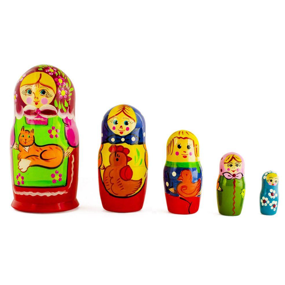 Set Of 5 Girls With Cat, Rooster And Duck Animals Nesting Dolls 6 Inches