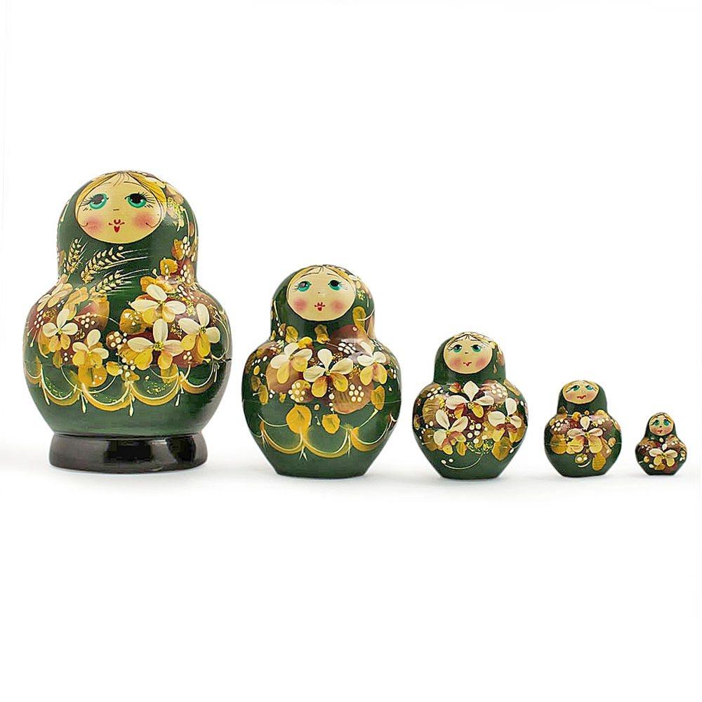 Set Of 5 Golden Flowers On Red Dress Nesting Dolls  5 Inches