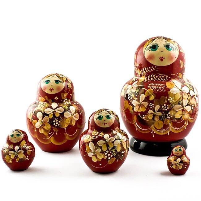 Set Of 5 Golden Flowers On Red Dress Nesting Dolls  5 Inches