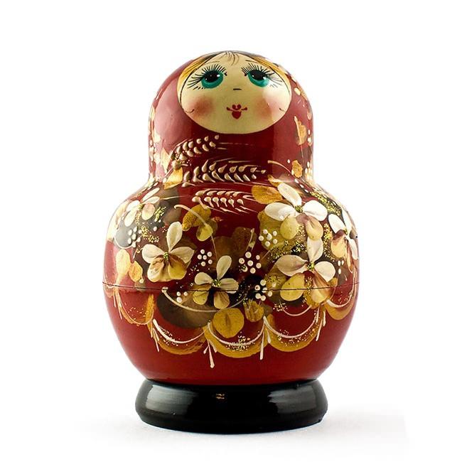 Set Of 5 Golden Flowers On Red Dress Nesting Dolls  5 Inches