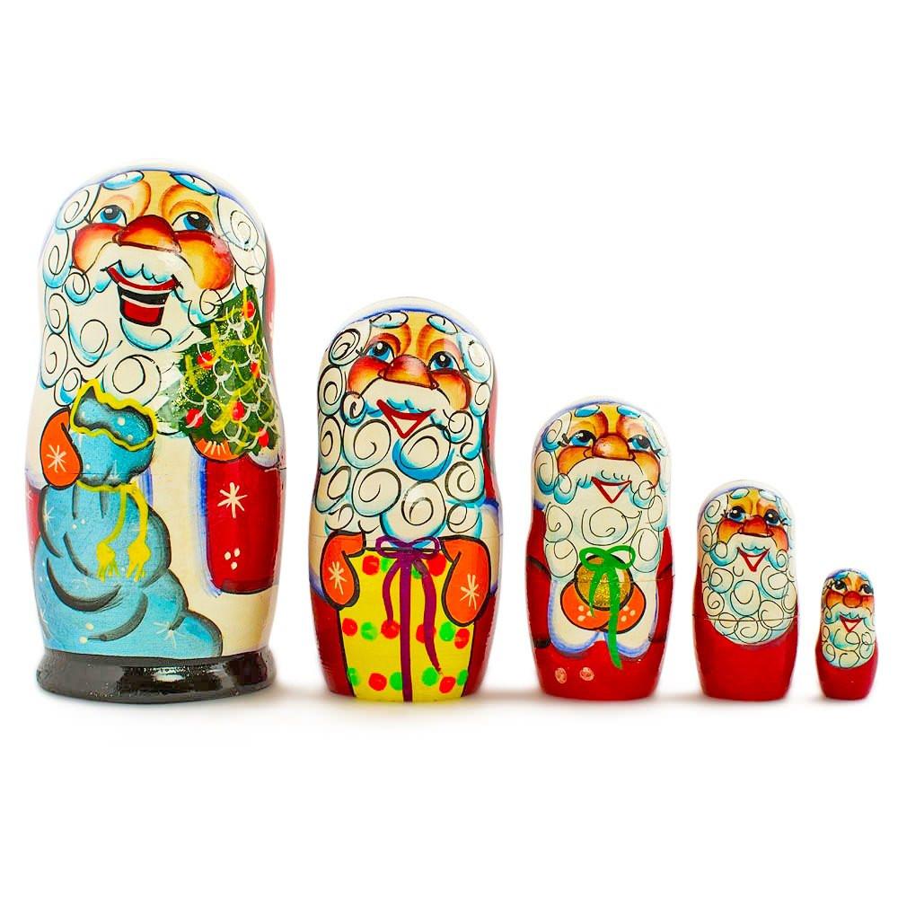 Set Of 5 Cheerful Santa Wooden Nesting Dolls 7 Inches