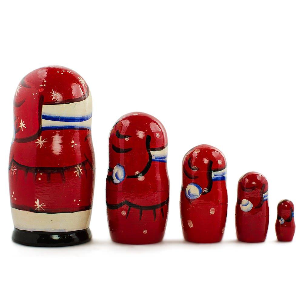 Set Of 5 Cheerful Santa Wooden Nesting Dolls 7 Inches