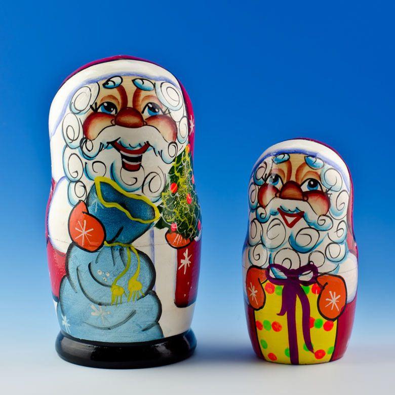 Set Of 5 Cheerful Santa Wooden Nesting Dolls 7 Inches