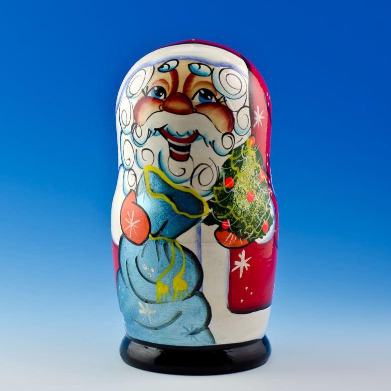 Set Of 5 Cheerful Santa Wooden Nesting Dolls 7 Inches