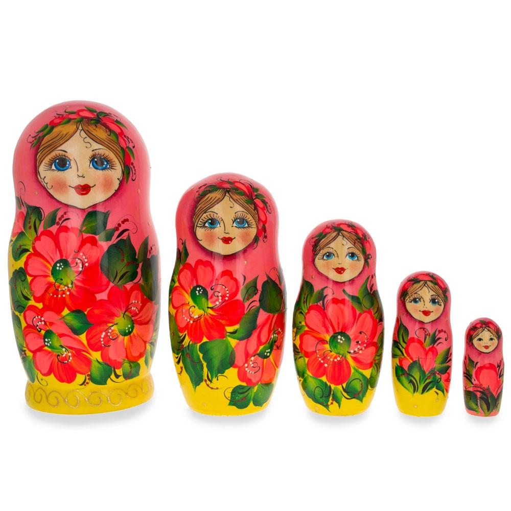 Set Of 5 Pink Scarf And Yellow Dress Wooden Nesting Dolls 7 Inches