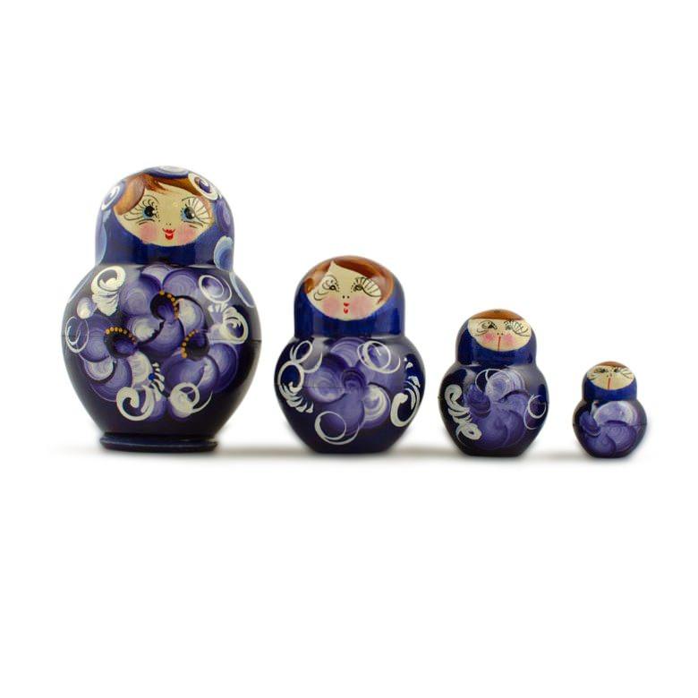 Set Of 4 Miniature Wooden Nesting Dolls Matryoshka In Blue Dress  3 Inches