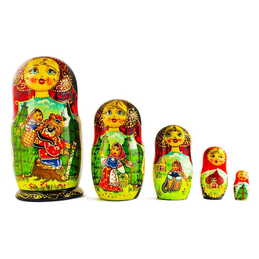 Set Of 5 Red Riding Hood Wooden Nesting Dolls Matryoshka 6.5 Inches