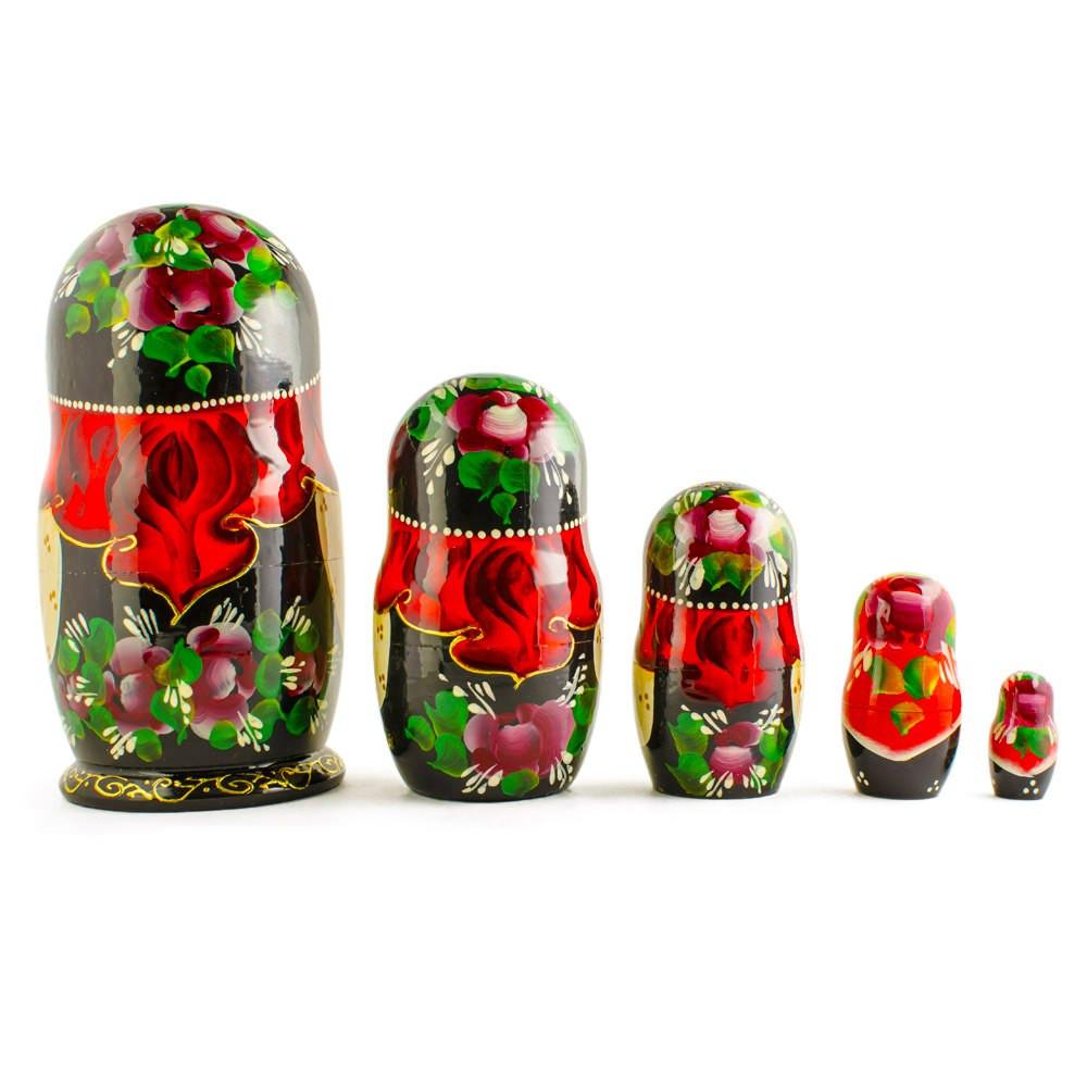 Set Of 5 Red Riding Hood Wooden Nesting Dolls Matryoshka 6.5 Inches