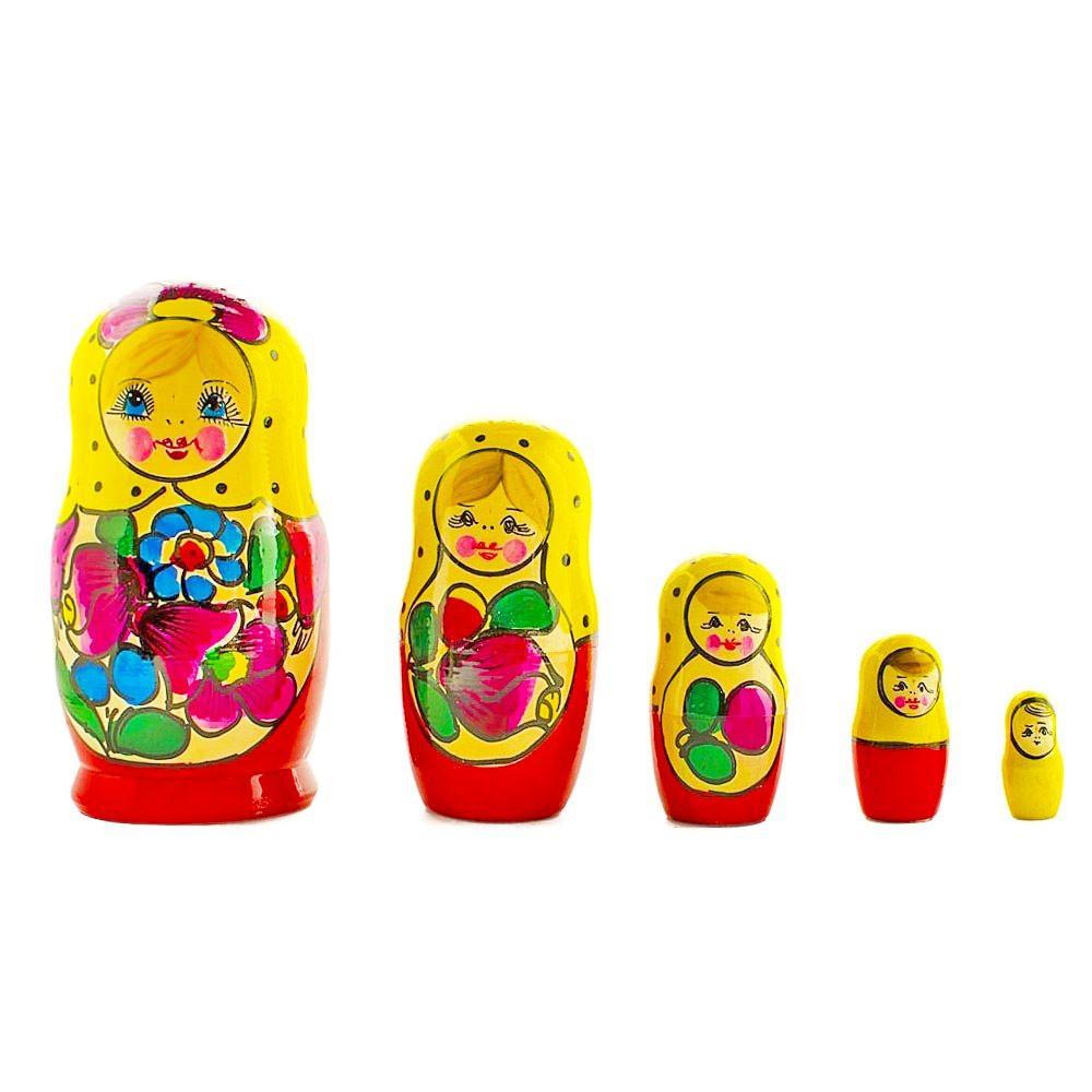 Set Of 5 Traditional In Yellow Scarf Nesting Dolls 6 Inches