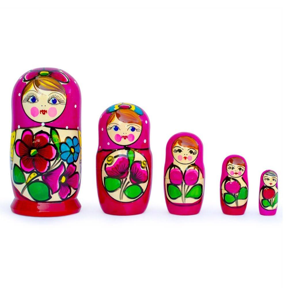 Set Of 5 Traditional In Amaranth Scarf Nesting Dolls 6 Inches