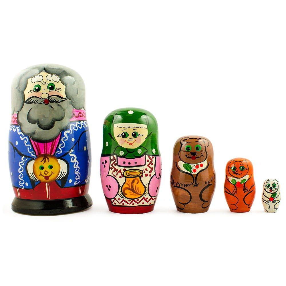 Kolobok, Babushka And Dedushka Fairy Tale Nesting Dolls 7 Inches