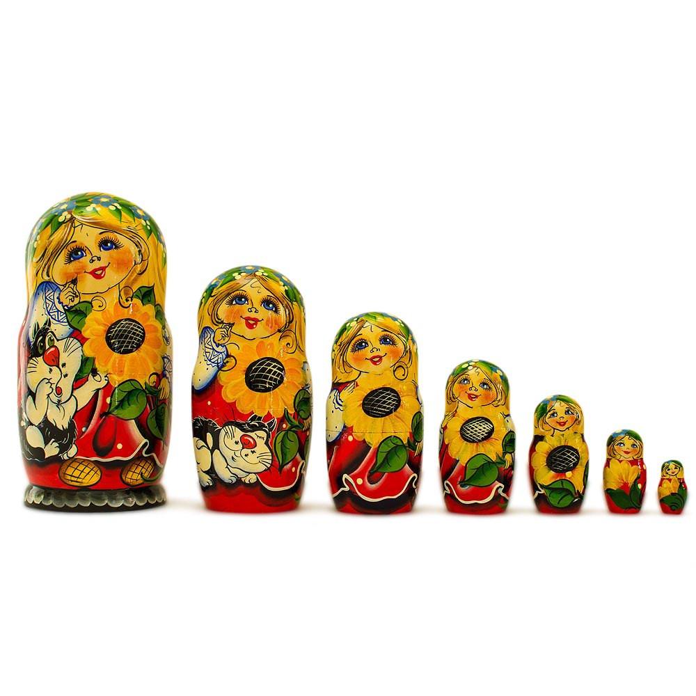 Set Of 7 Yana With Cat In Red Dress Nesting Dolls 8.5 Inches