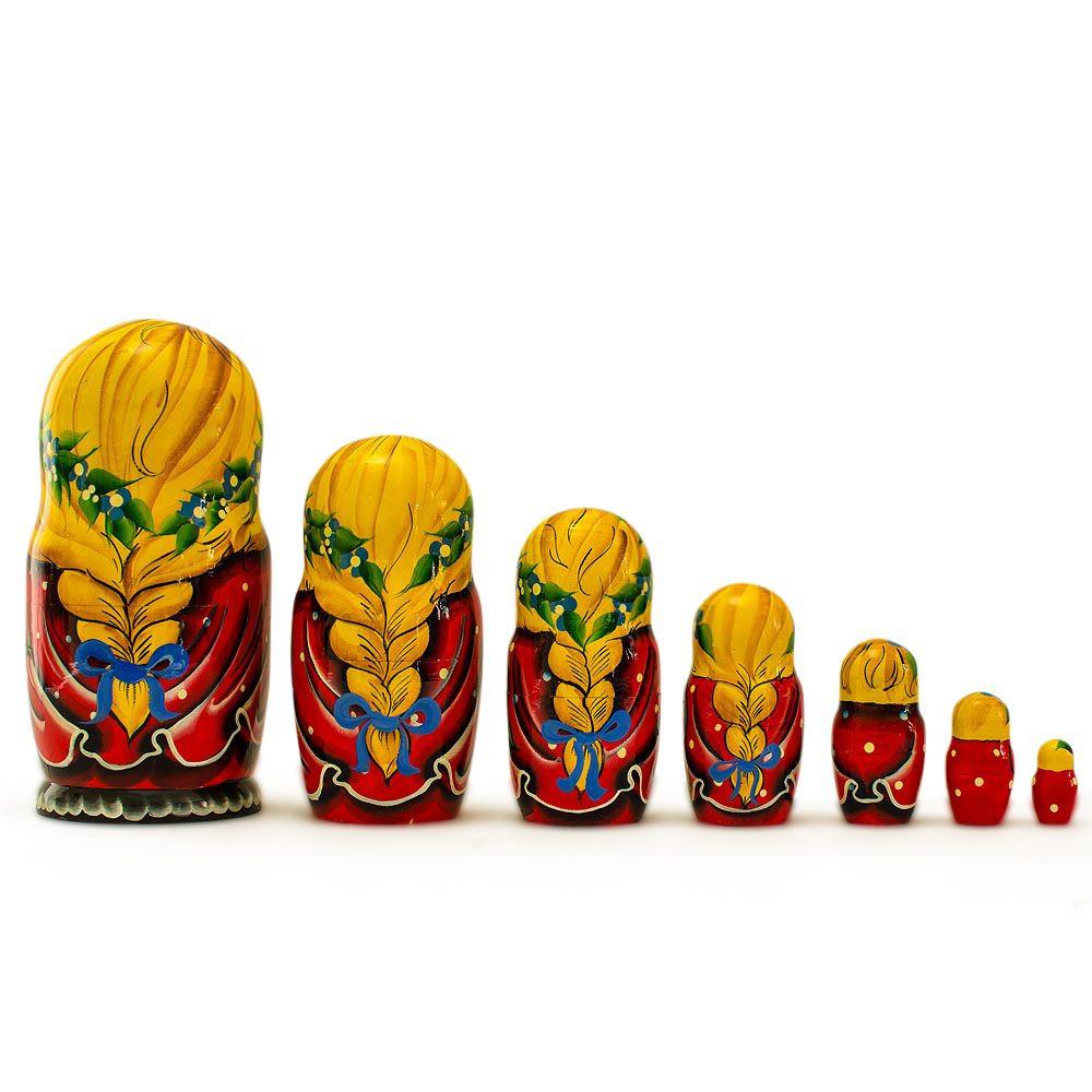 Set Of 7 Yana With Cat In Red Dress Nesting Dolls 8.5 Inches