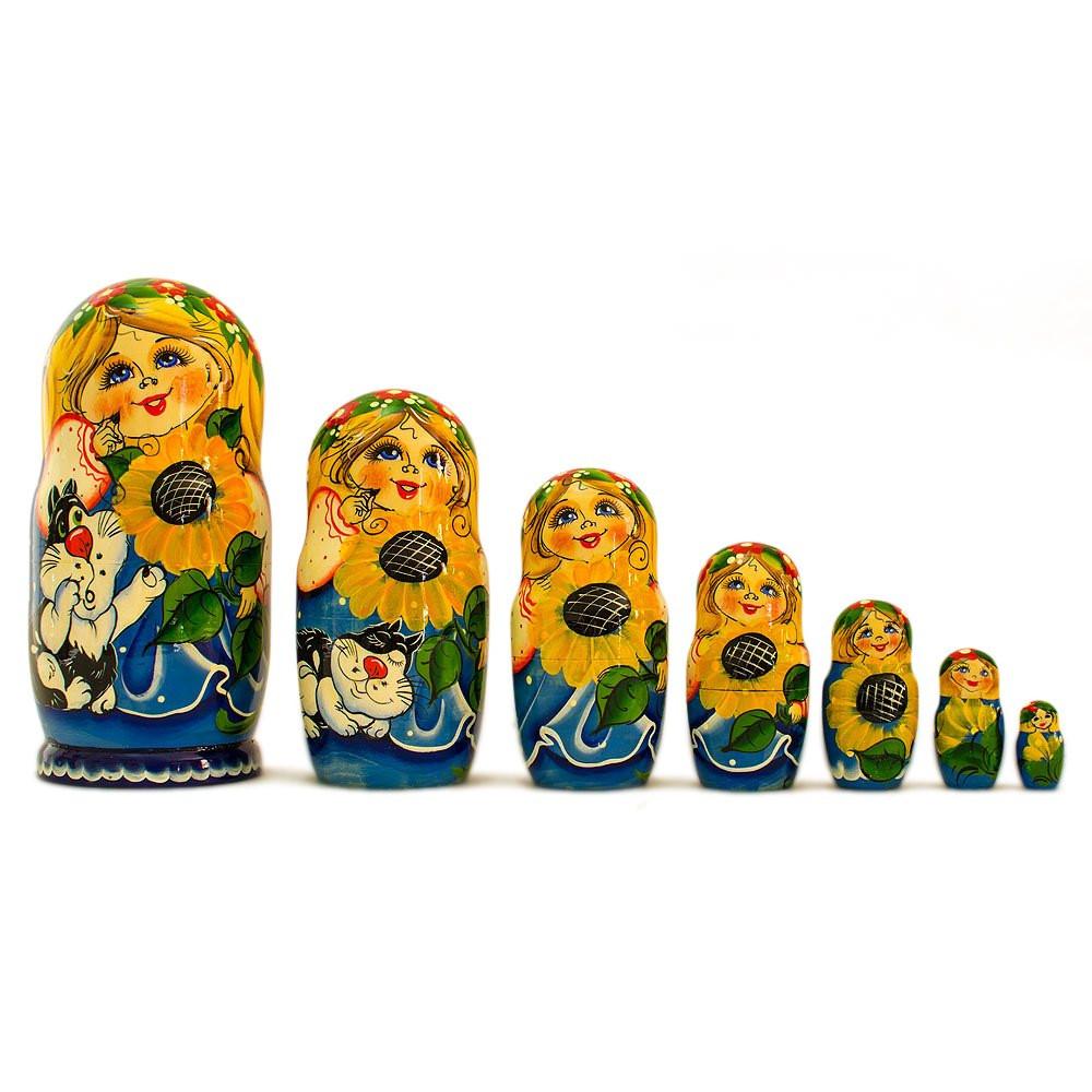 Set Of 7 Girls With Cat In Blue Dress Nesting Dolls 8.5 Inches