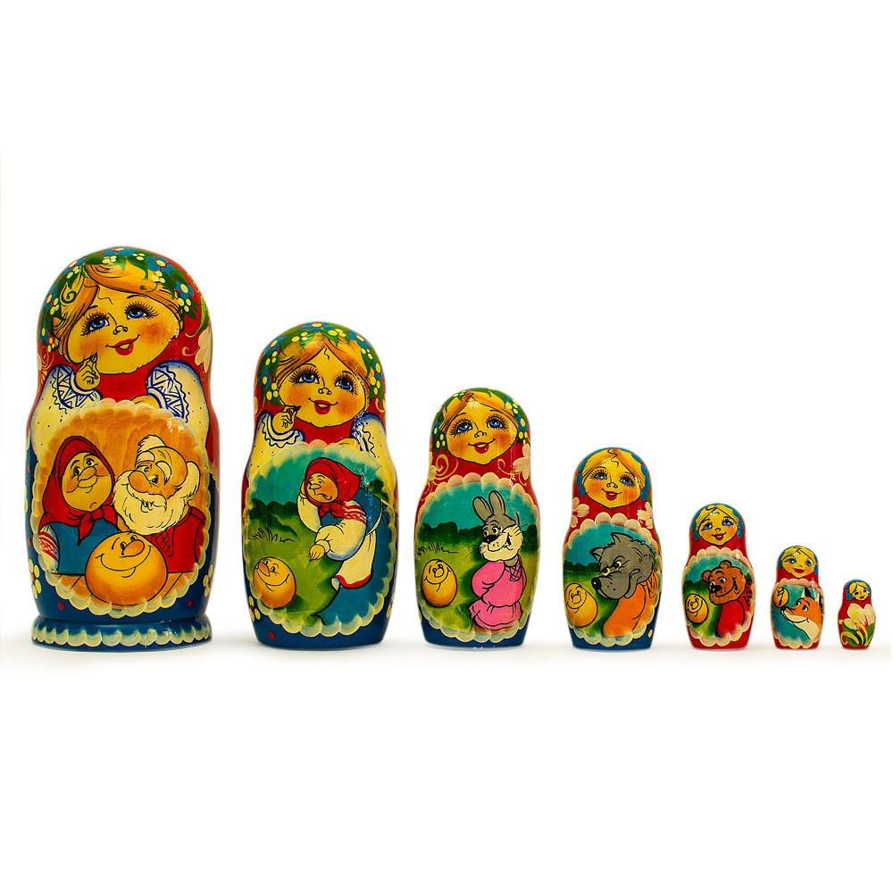 Set Of 7 Kolobok Fairy Tale Wooden Nesting Dolls 8.5 Inches