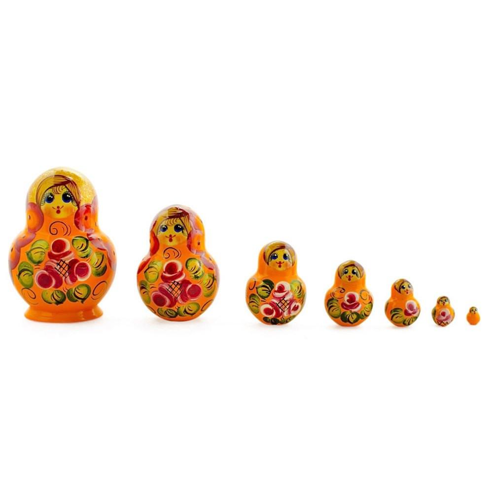 Set Of 7 Orange And Red Dress Wooden Nesting Dolls 3.5 Inches