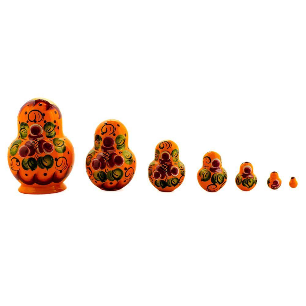 Set Of 7 Orange And Red Dress Wooden Nesting Dolls 3.5 Inches