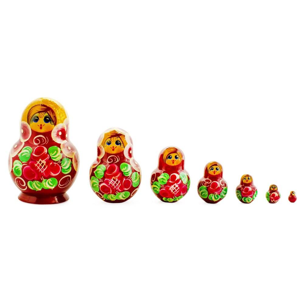 Set Of 7 Red And Green Dress  Nesting Dolls 3.5 Inches