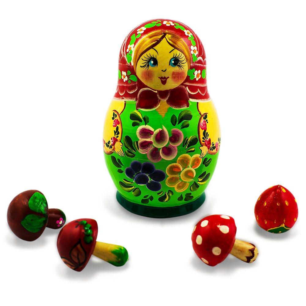 The Girl With 4 Mushrooms Wooden Nesting Doll 5 Inches