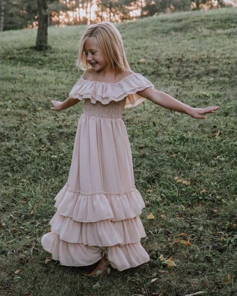 Bailey's Blossoms Champagne Ruffle Maxi Dress for Kids