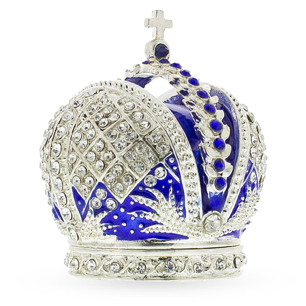 Royal Crown With Cross In Blue Enamel Jewelry Trinket Box Figurine