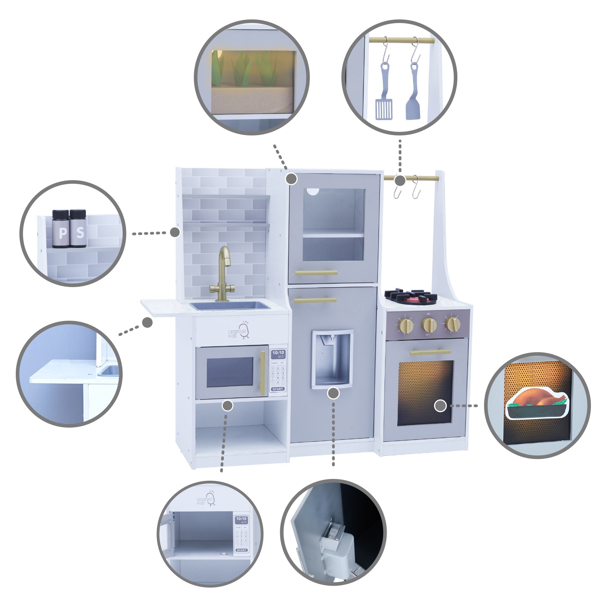 Little Chef Lyon Complete Wooden Kitchen Set With Hydroponic Garden, Refrigerator And Accessories, Gray