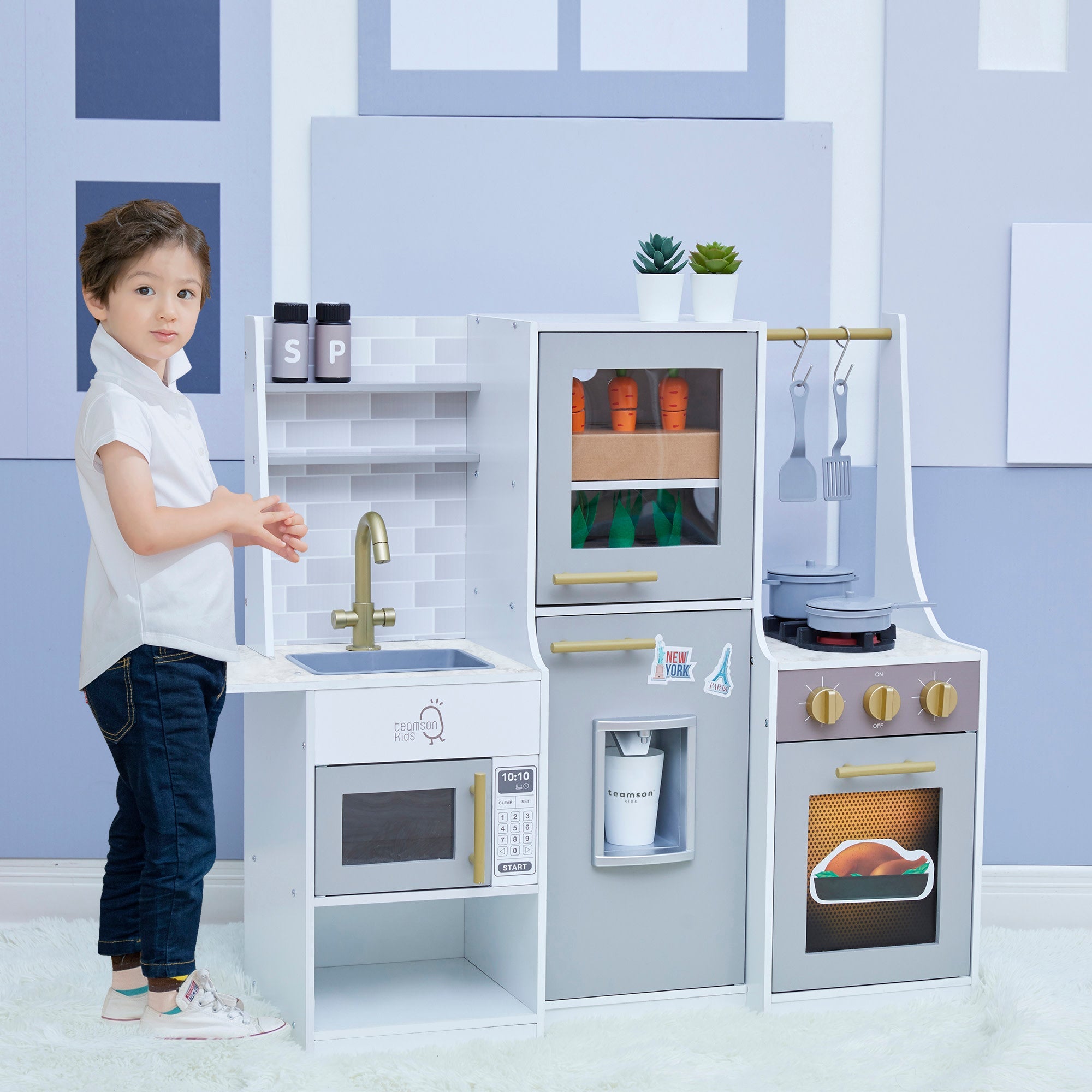 Little Chef Lyon Complete Wooden Kitchen Set with Hydroponic Garden, Refrigerator and Accessories, Gray