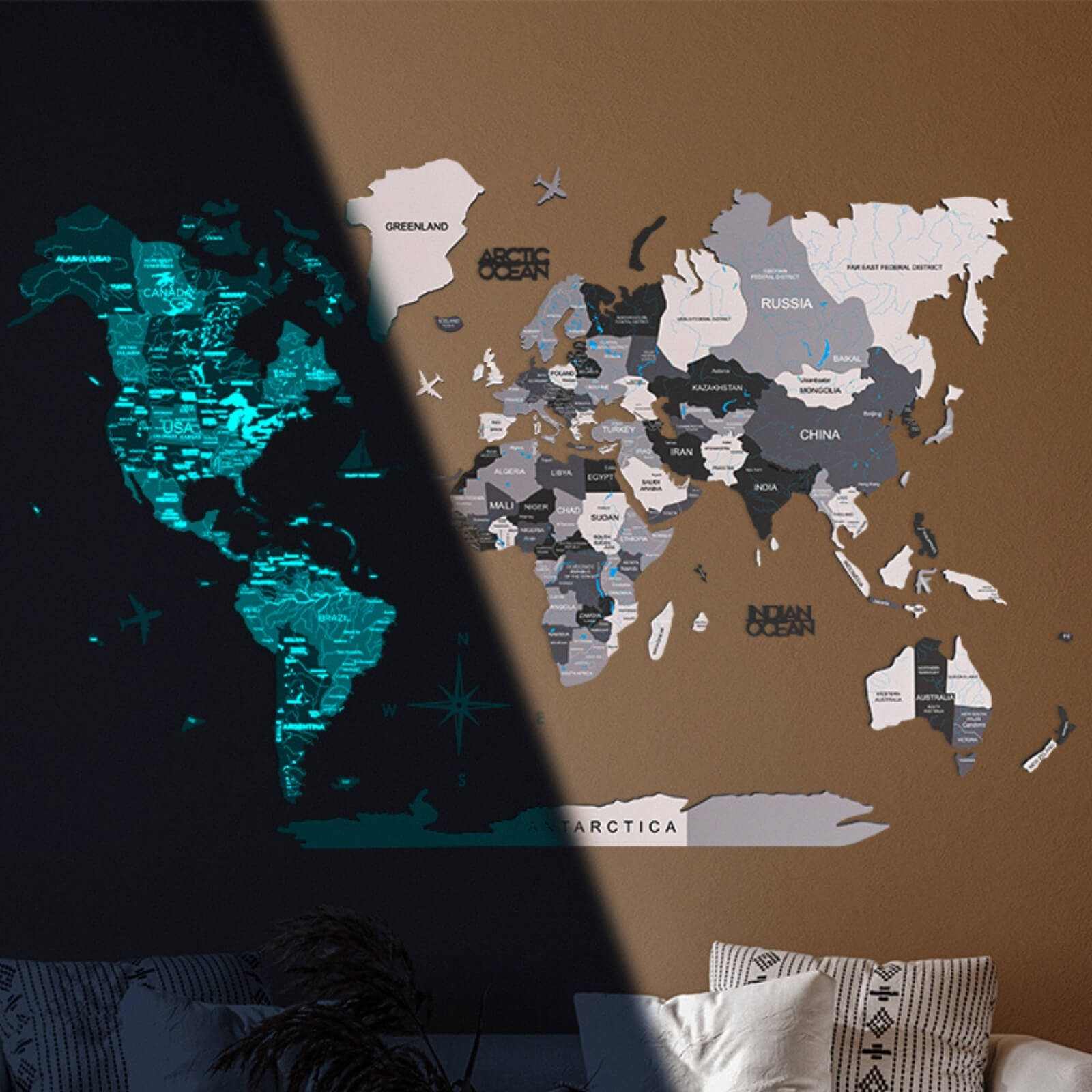 3d Luminous Colored Wooden World Map Nordik