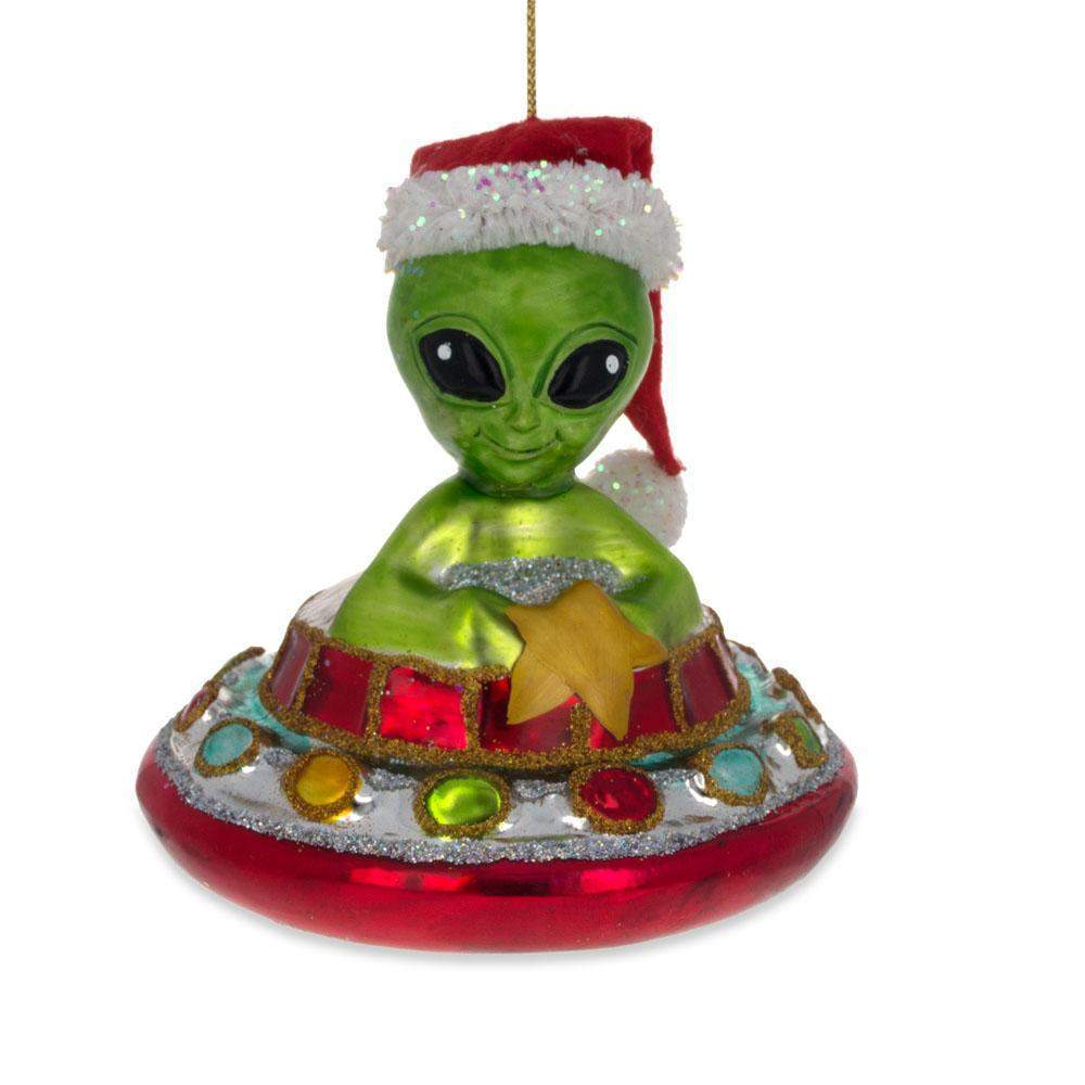 Santa Alien Piloting A Saucer Ufo - Blown Glass Christmas Ornament