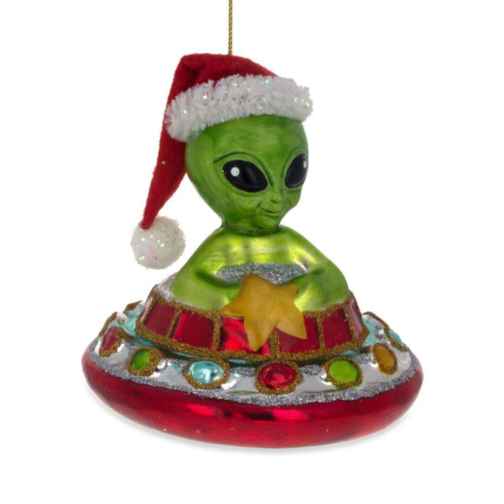 Santa Alien Piloting A Saucer Ufo - Blown Glass Christmas Ornament