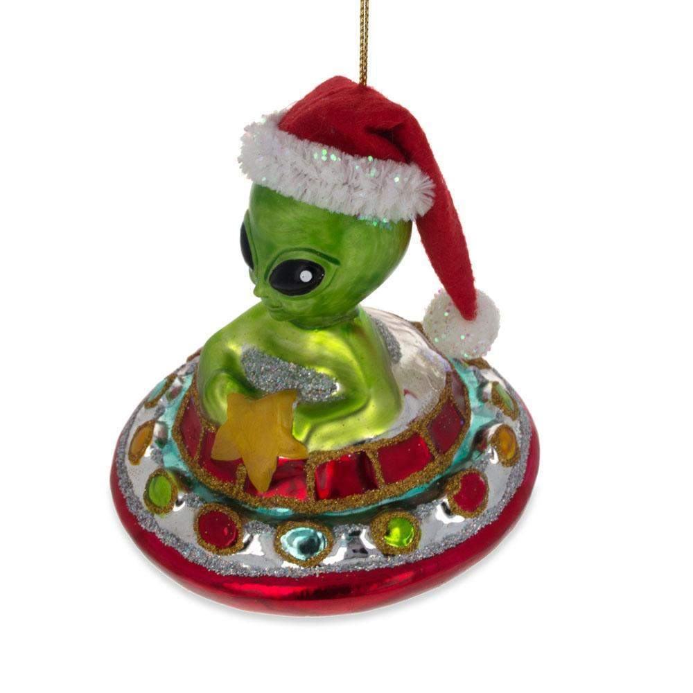 Santa Alien Piloting A Saucer Ufo - Blown Glass Christmas Ornament