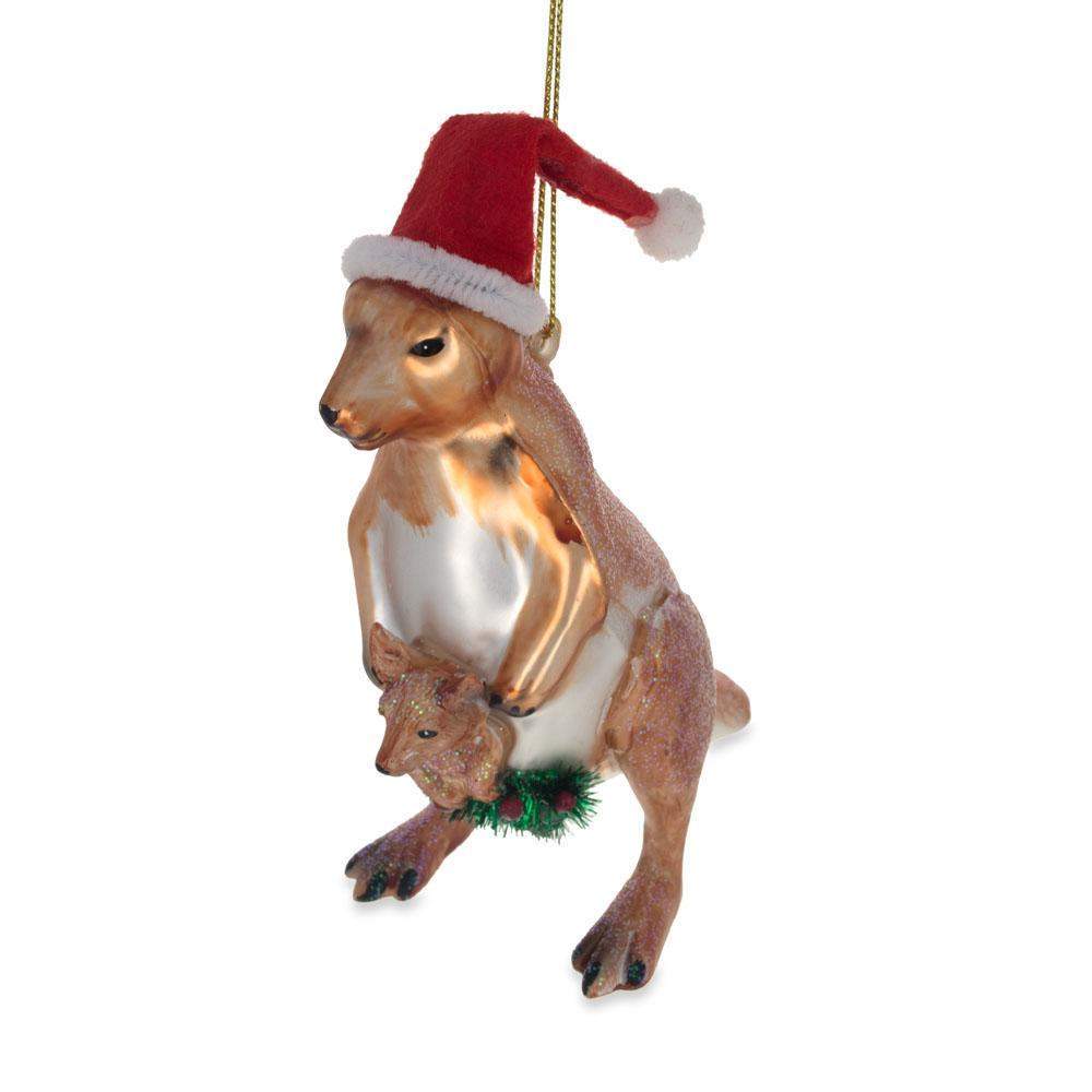 Endearing Santa Kangaroo Mom Carrying Baby In Pouch - Blown Glass Christmas Ornament